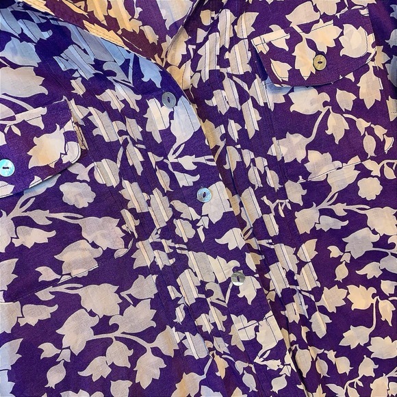 Chicos Blouse Tunic 100% Cotton US 12 Purple White‎ Tab Roll Sleeve Light Weight - Picture 8 of 8